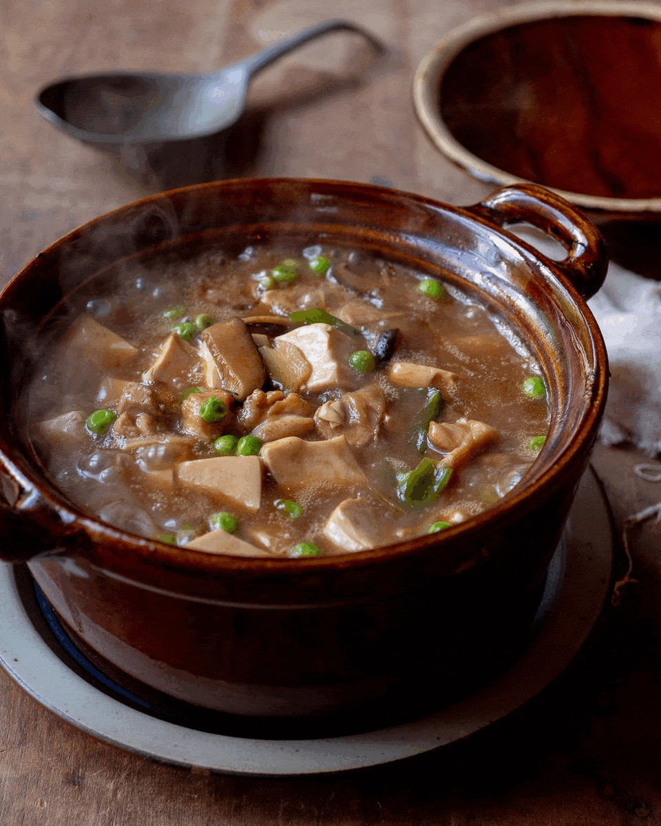 bubbling Chinese clay pot of tofu and chicken and mushrooms