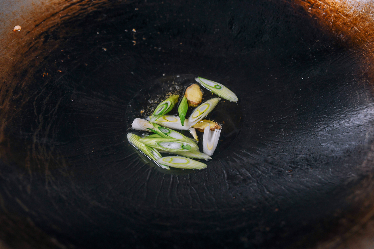 Ginger and scallions in wok