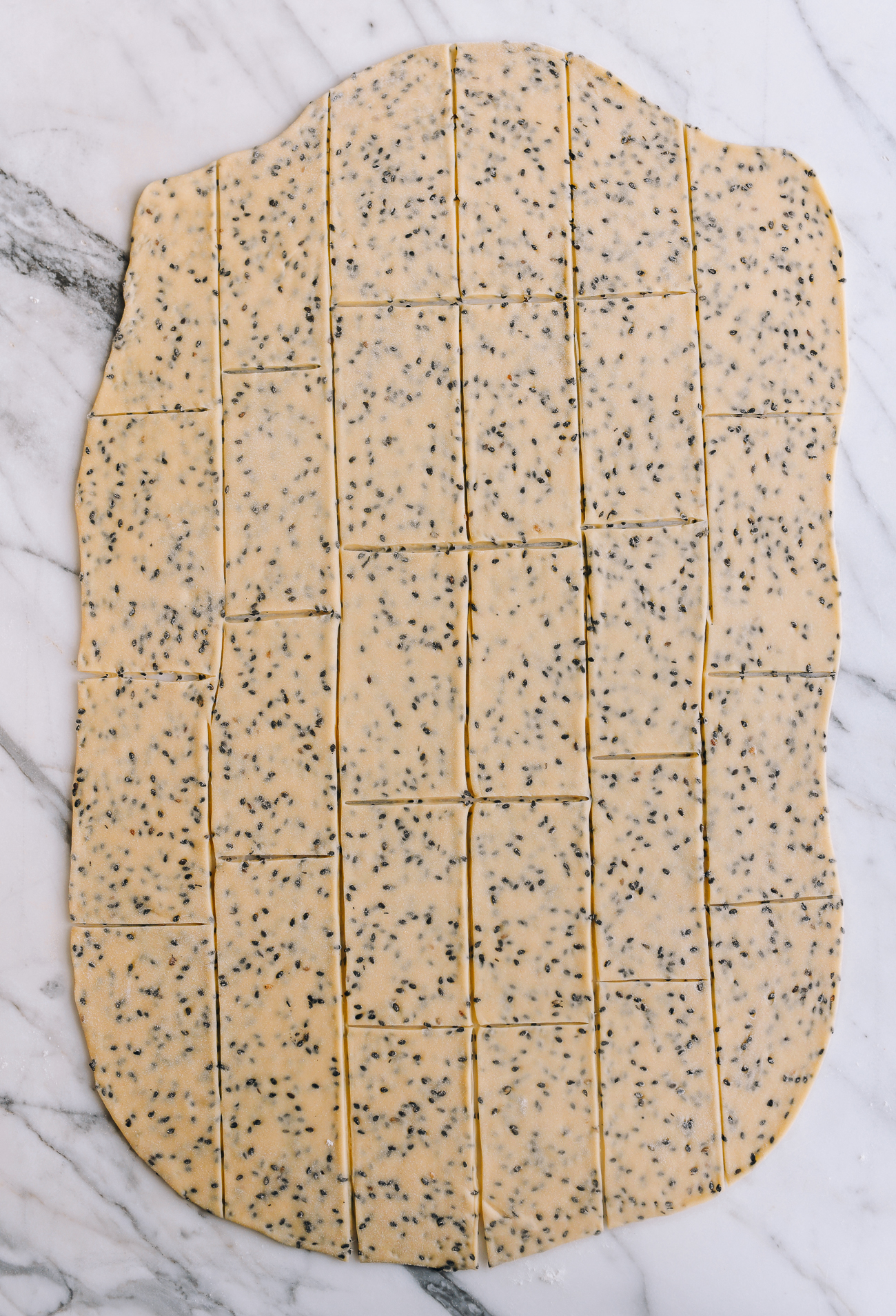 Sesame dough cut into strips