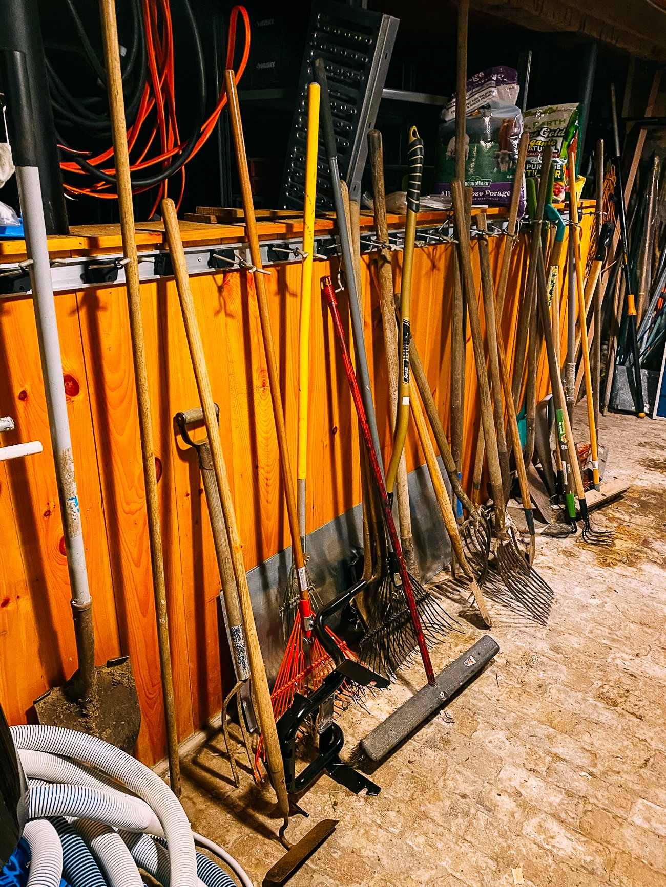 garden tools in garage