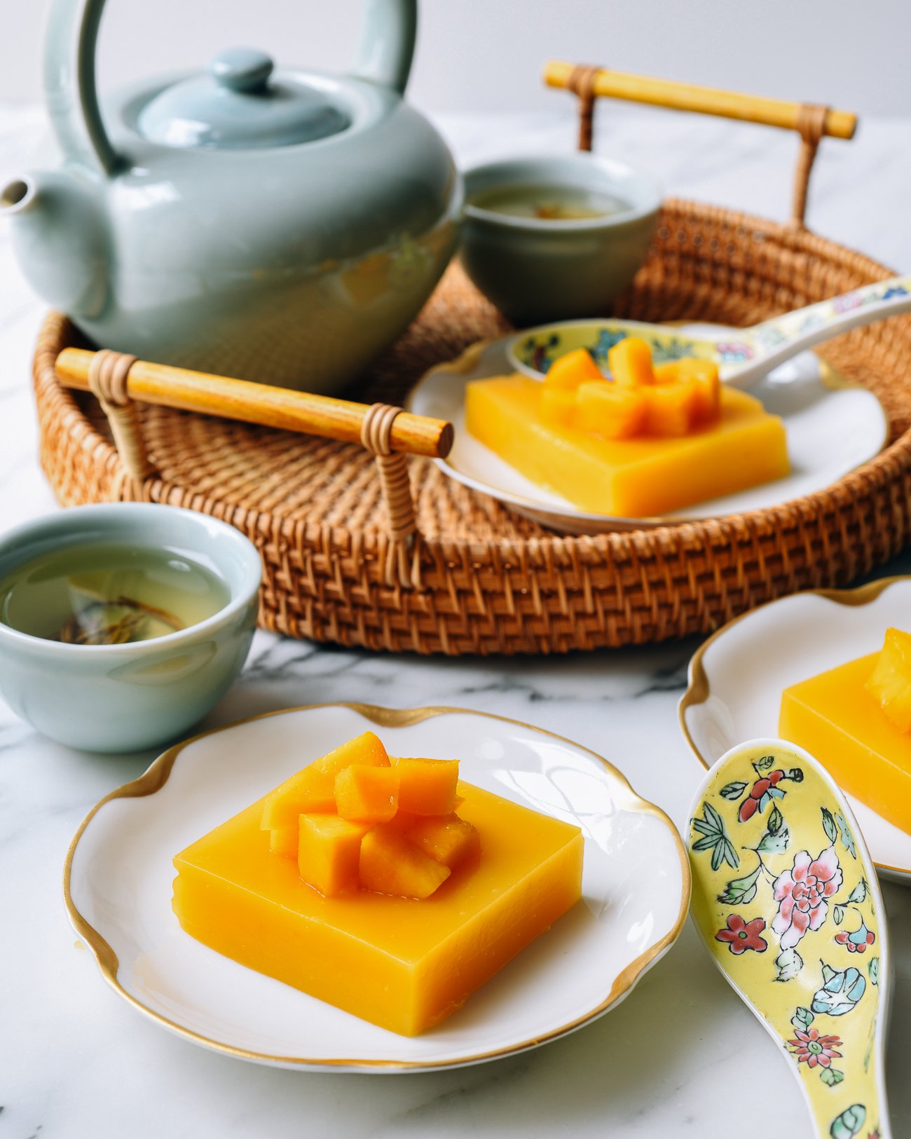 Chinese Mango Pudding with cubes of mango on top