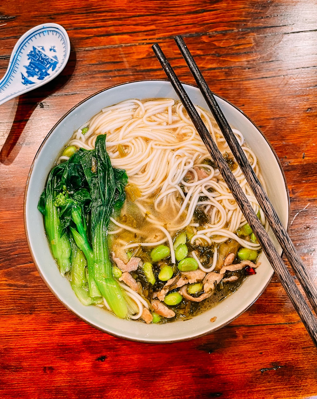 bowl of noodle soup with bok choy