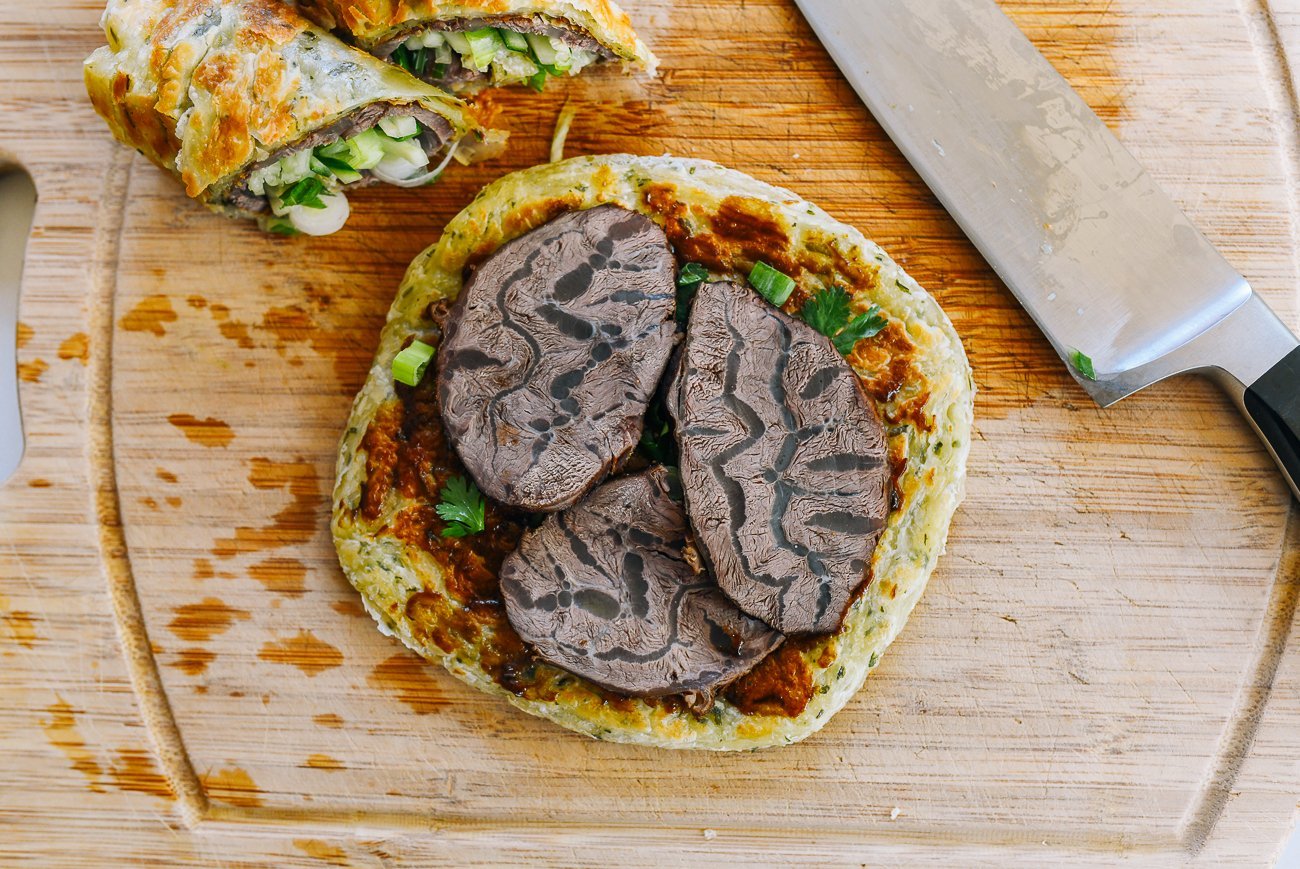 beef slices on green onion pancake