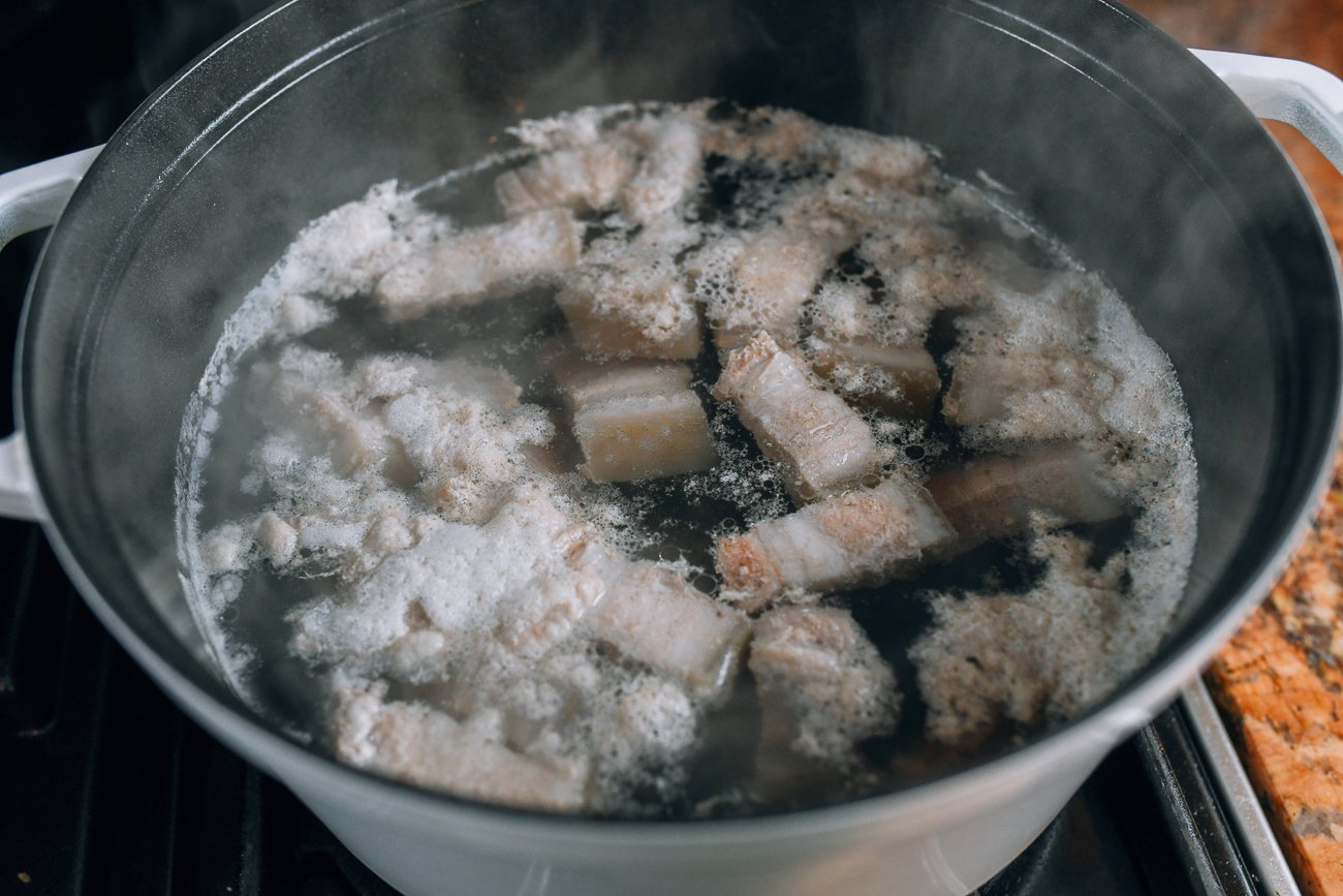 blanching pork belly in large pot