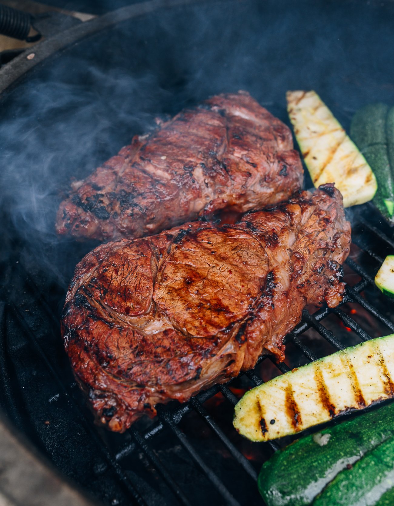 marinated steak and zucchini on grill