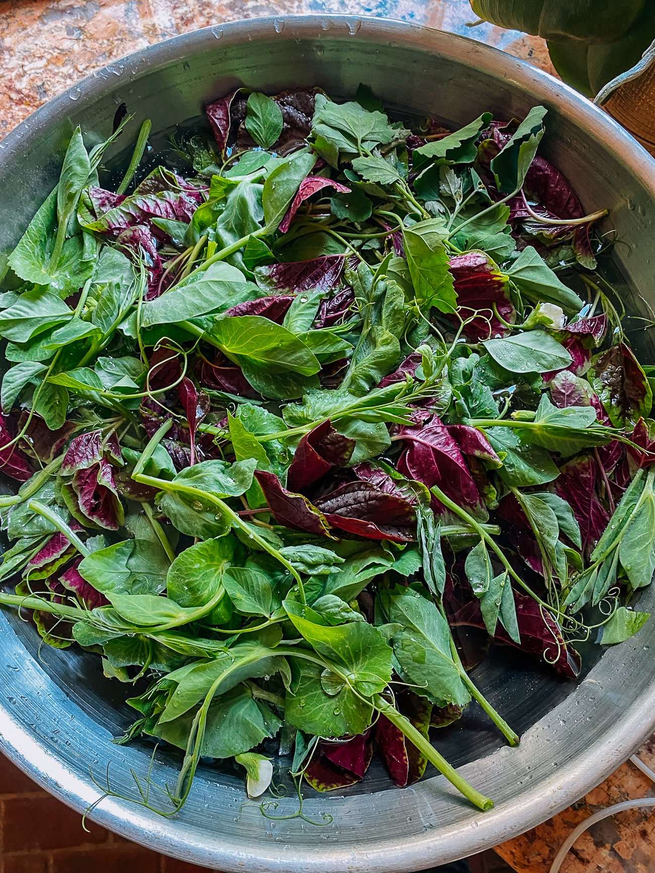 amaranth leaves and pea tips