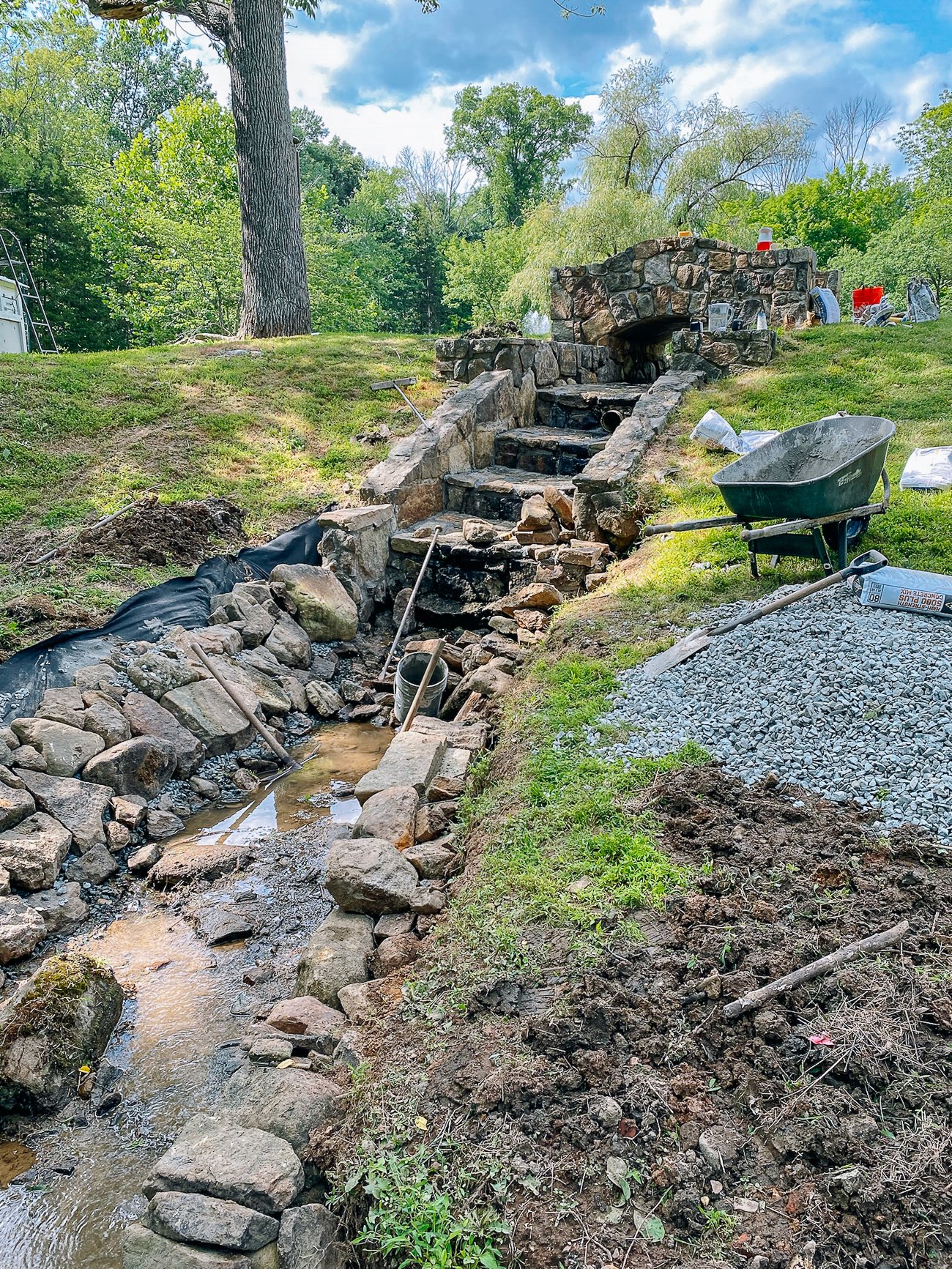rebuilt stream retaining walls with large rocks