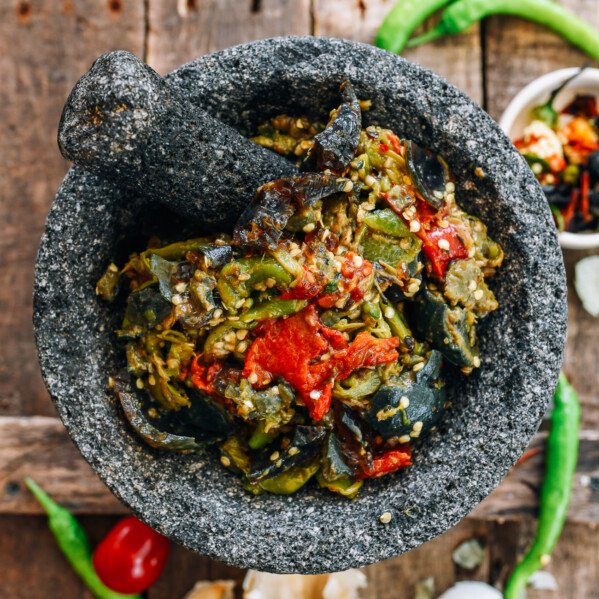 Smashed roasted peppers with century eggs