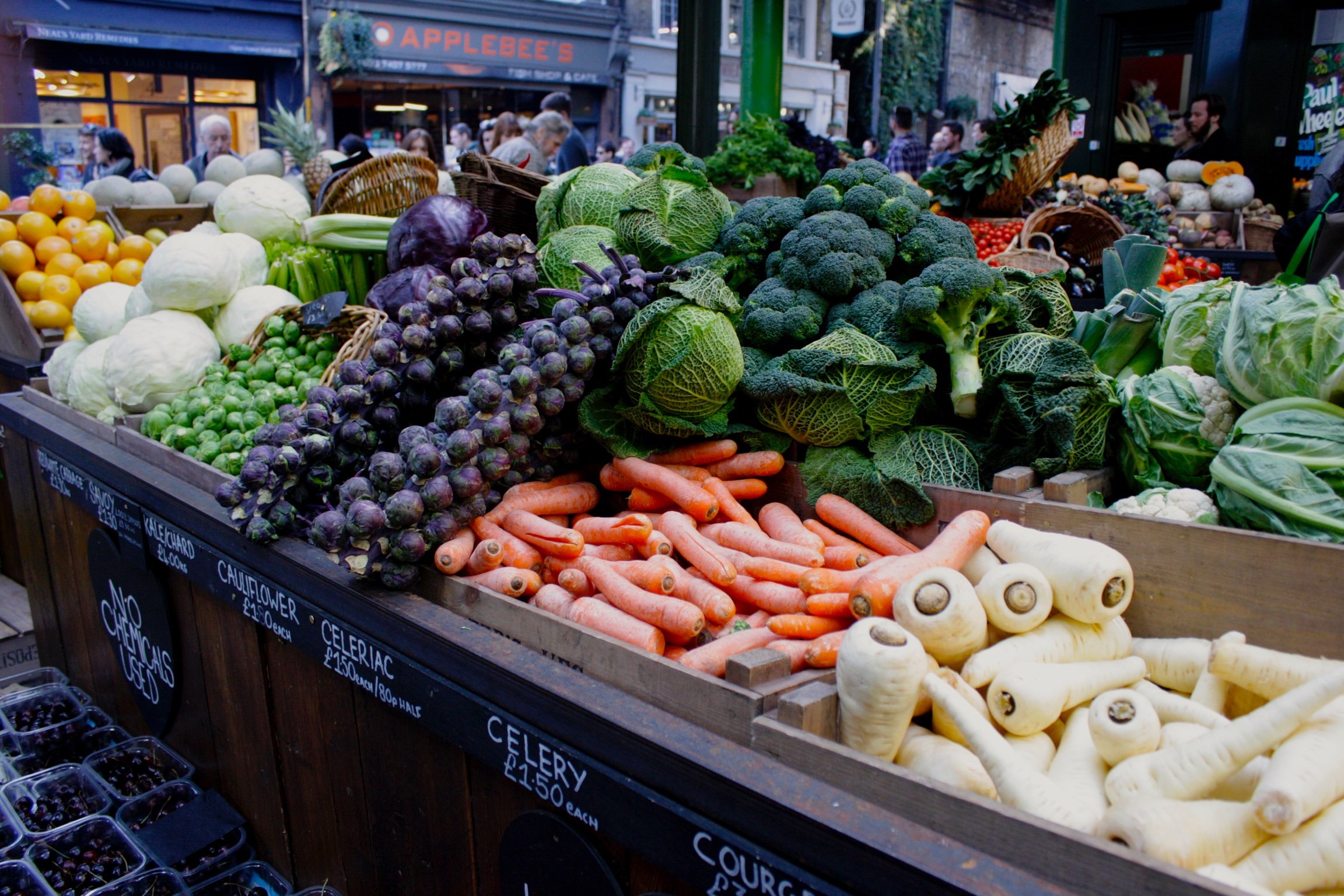 Array of fresh market vegetables at Borough Market