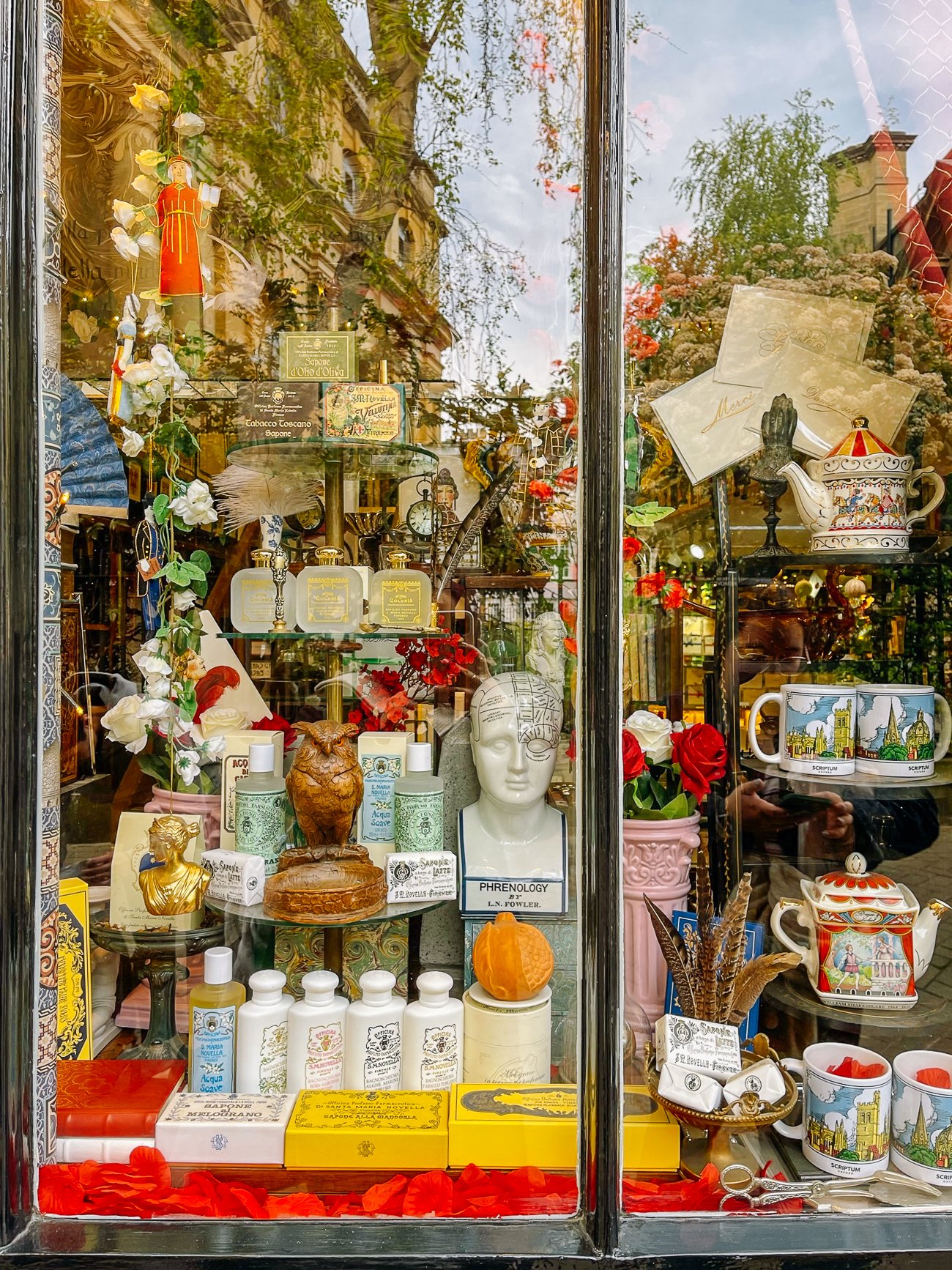 Oxford shop window with soaps, perfumes, and old world gifts