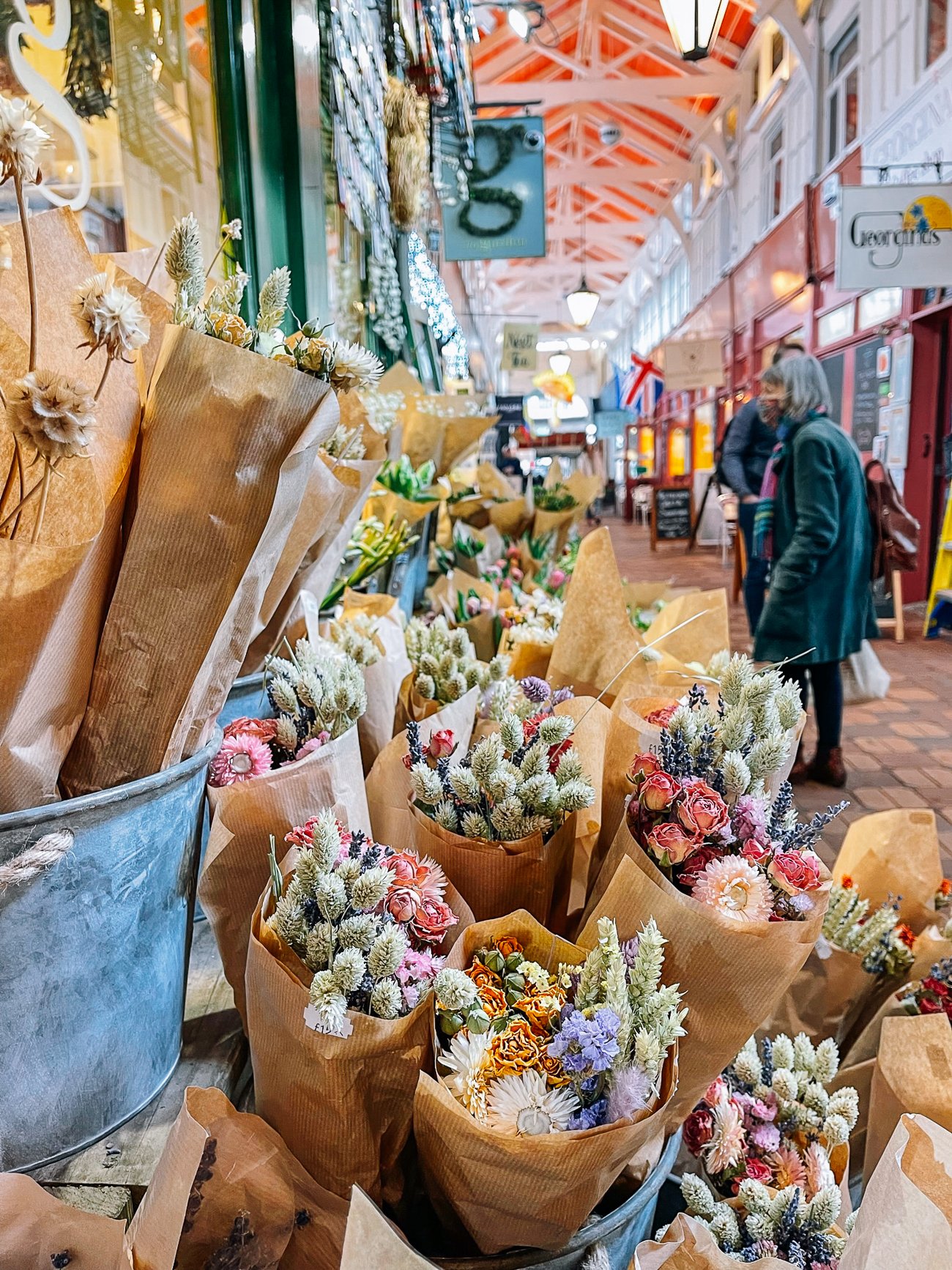Dried flower arrangements at Oxford Covered Market