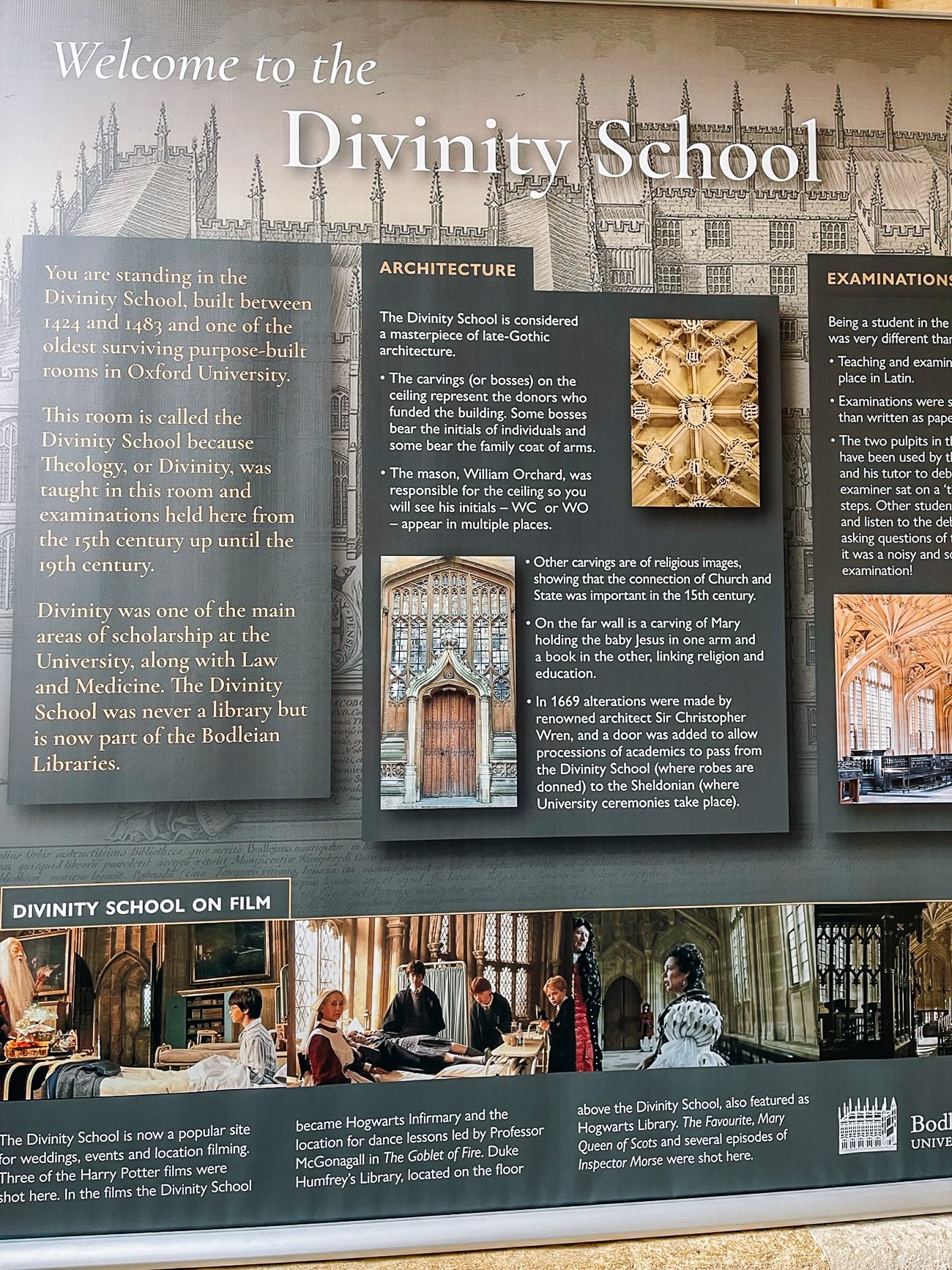 The Divinity School in Oxford University signage describing architecture and film appearances in Harry Potter films