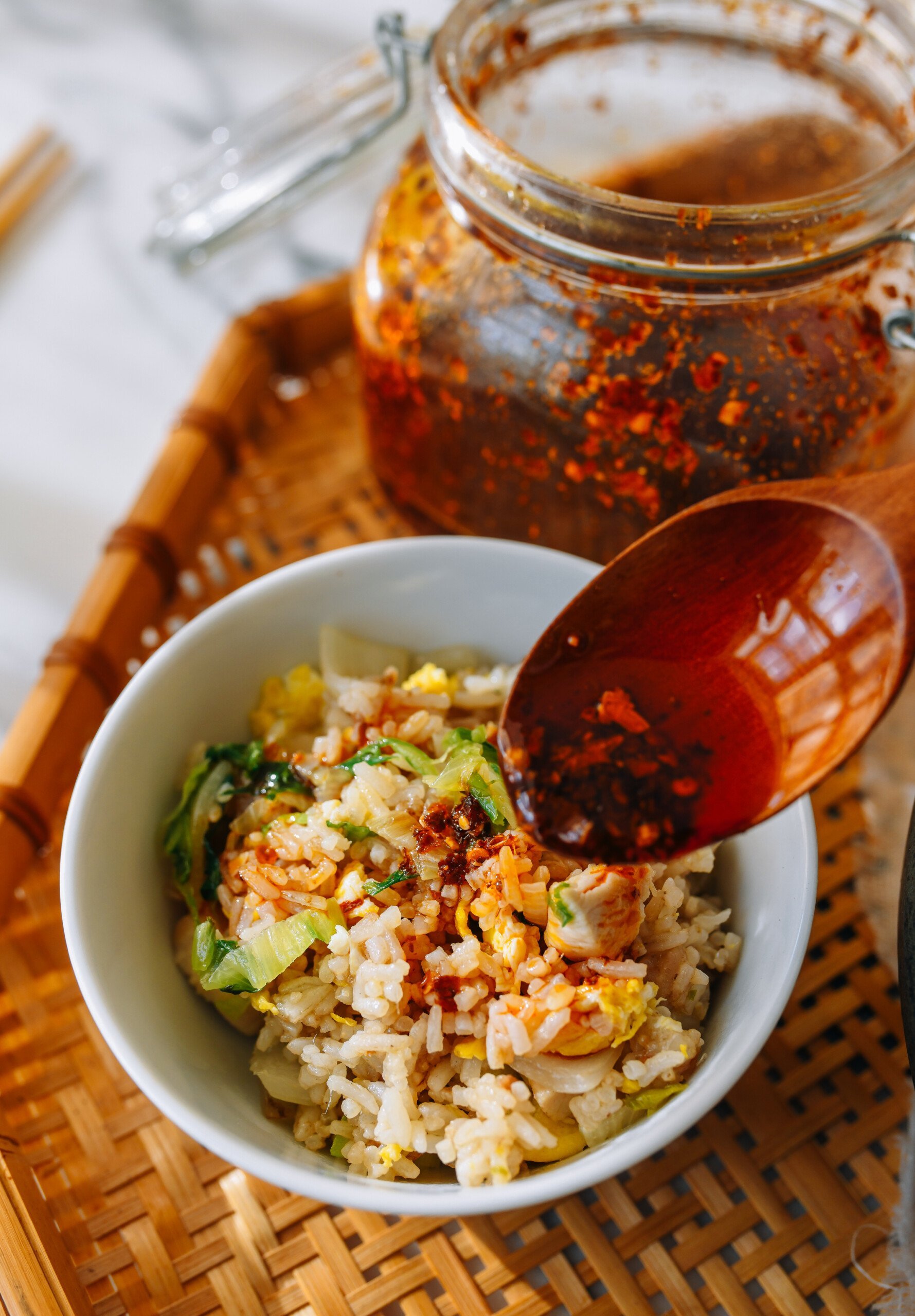 Bowl of anchovy fried rice with chili oil