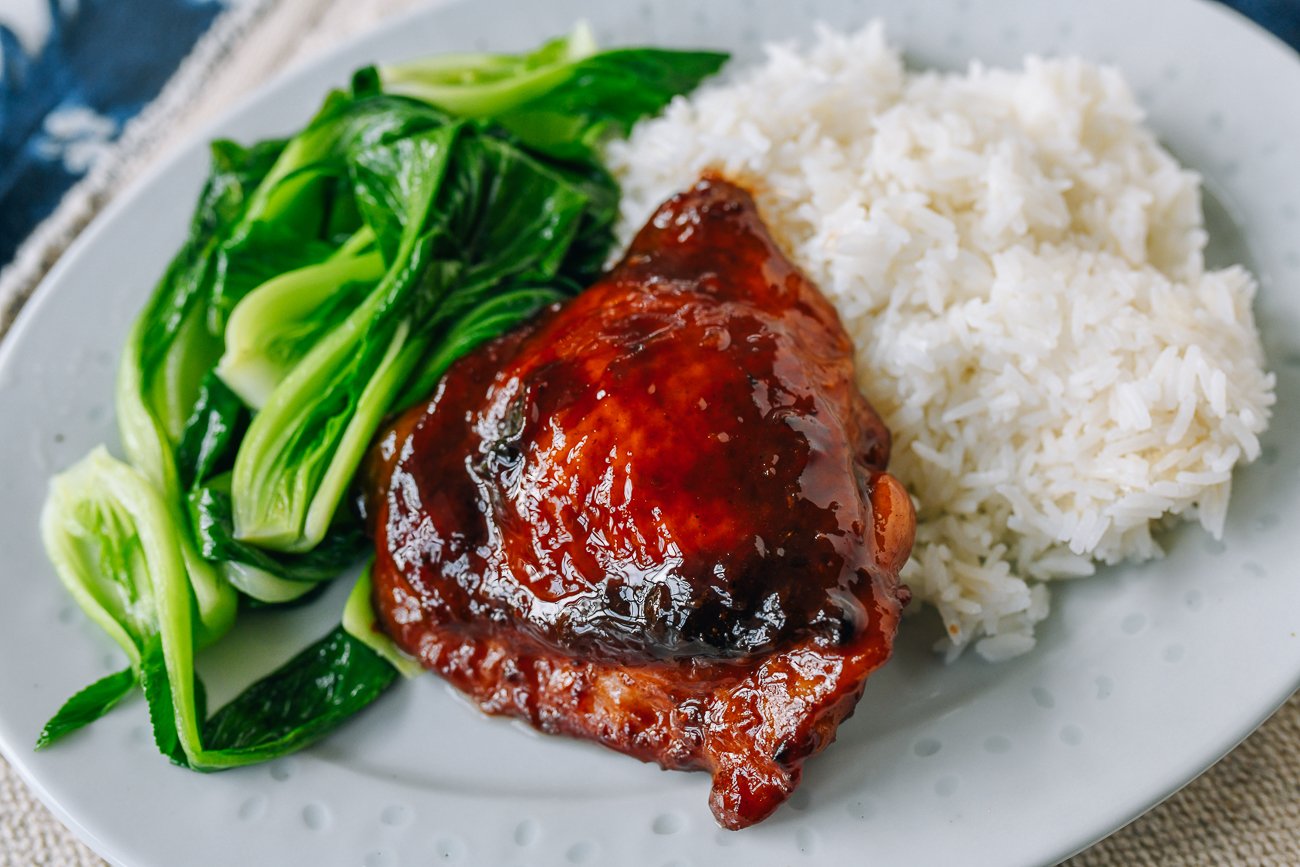 char siu chicken thigh with rice and bok choy