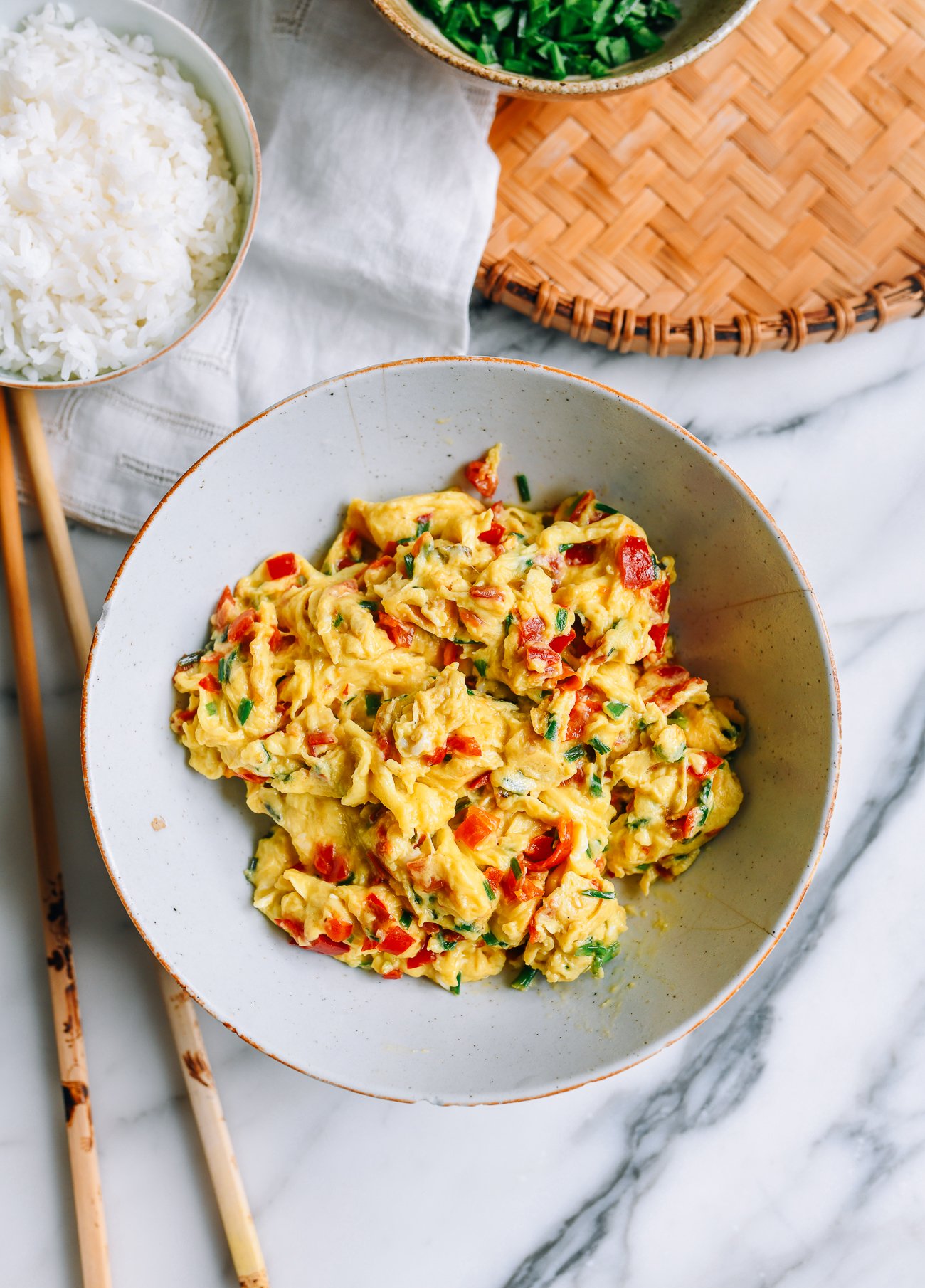 Fluffy Chinese Scrambled Eggs with Garlic Chives and Hunan Salted Chilies