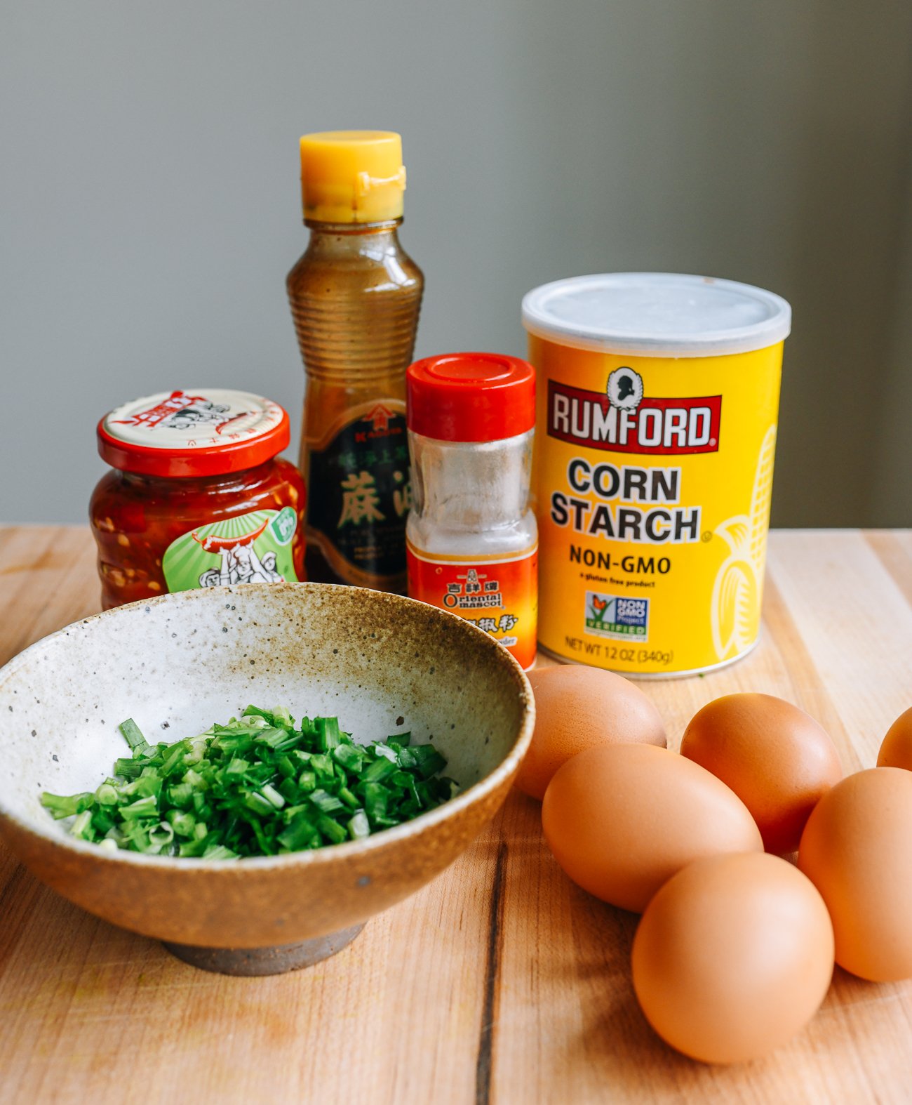 Ingredients for salted chilies and garlic chives with eggs, a Chinese recipe