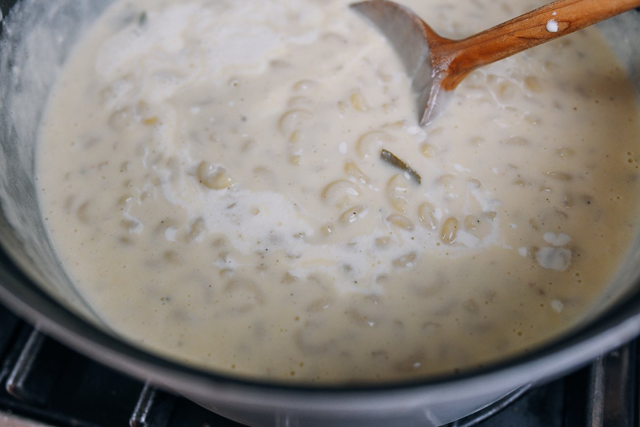 elbow macaroni stirred into white cheese sauce