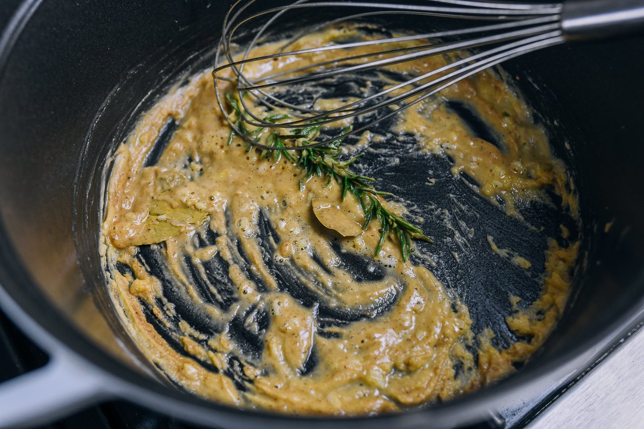 roux with bay leaves and rosemary