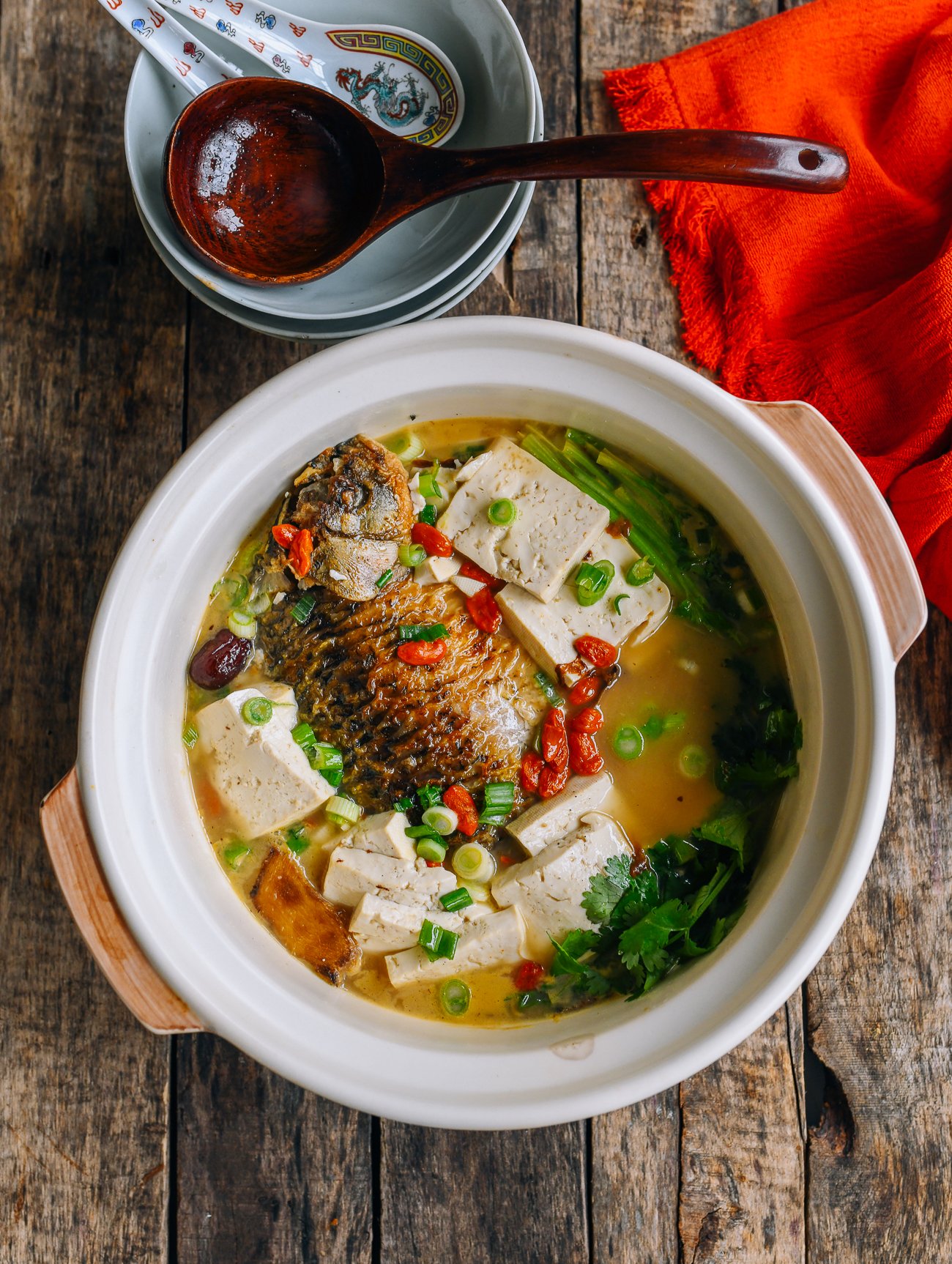 Chinese Milky Fish Soup with Tofu, Red Dates, and Goji Berries