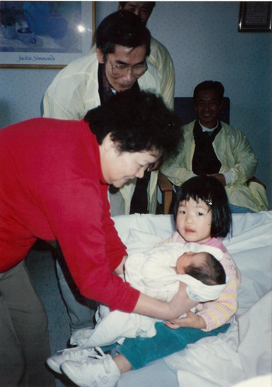 The Woks of Life old family photo, Sarah holding baby Kaitlin with grandparents