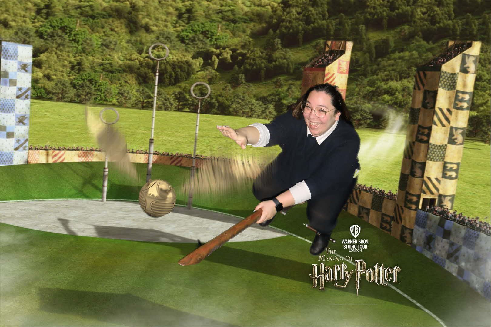 Harry Potter Studio Tour green screen photo of Kim catching the golden snitch