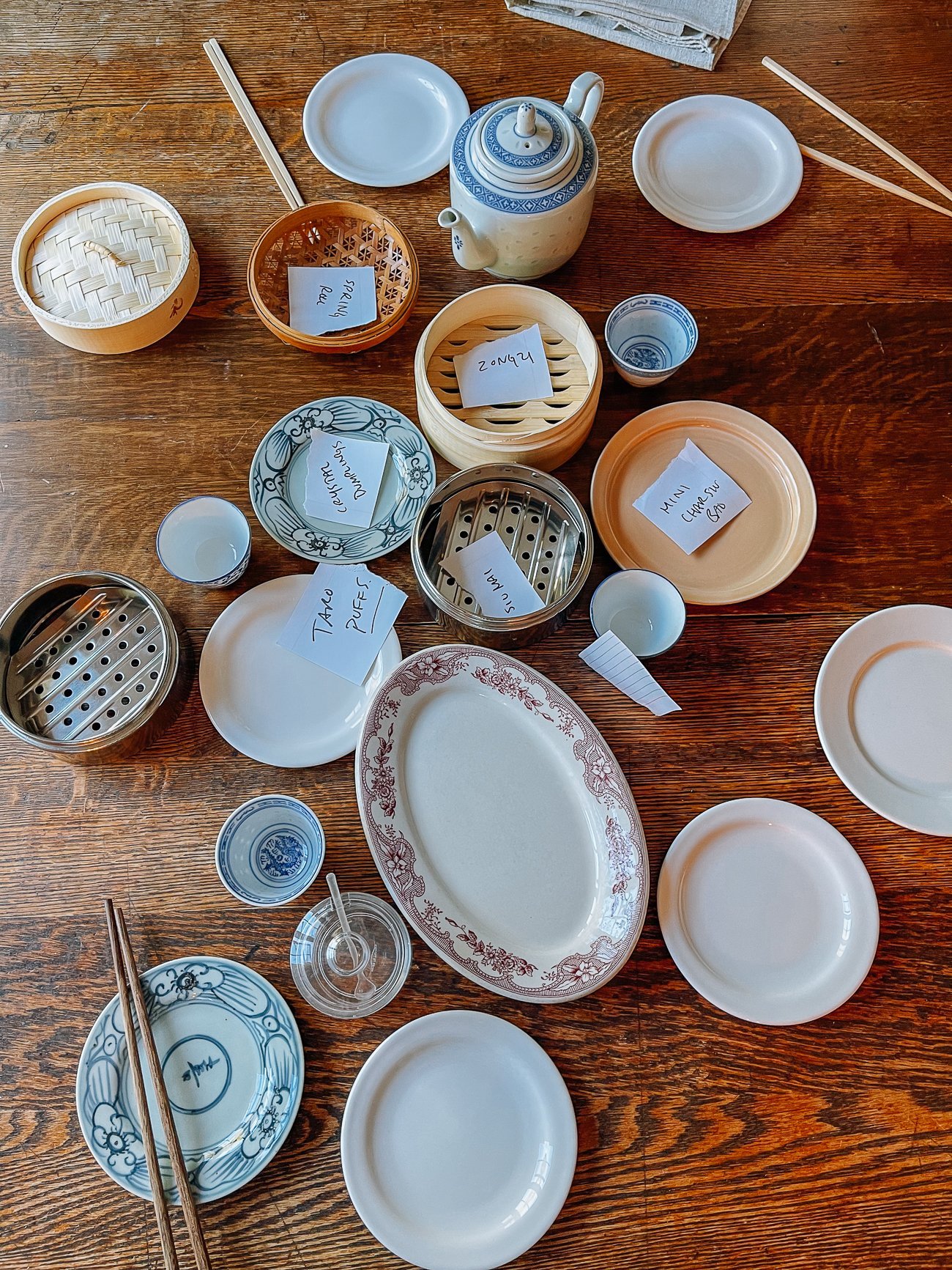 dishes and props for dim sum photo shoot
