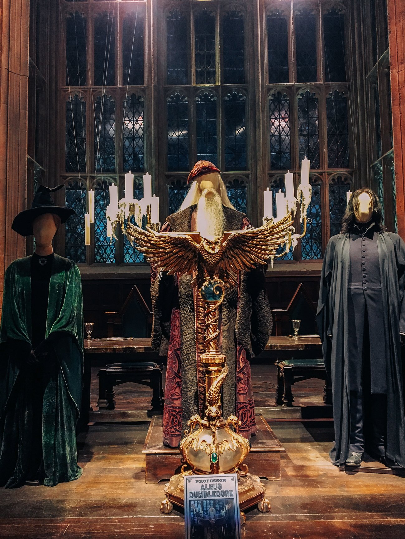 Dumbledore, McGonagall and Snape at the dais in the Great Hall at Harry Potter Studio Tour
