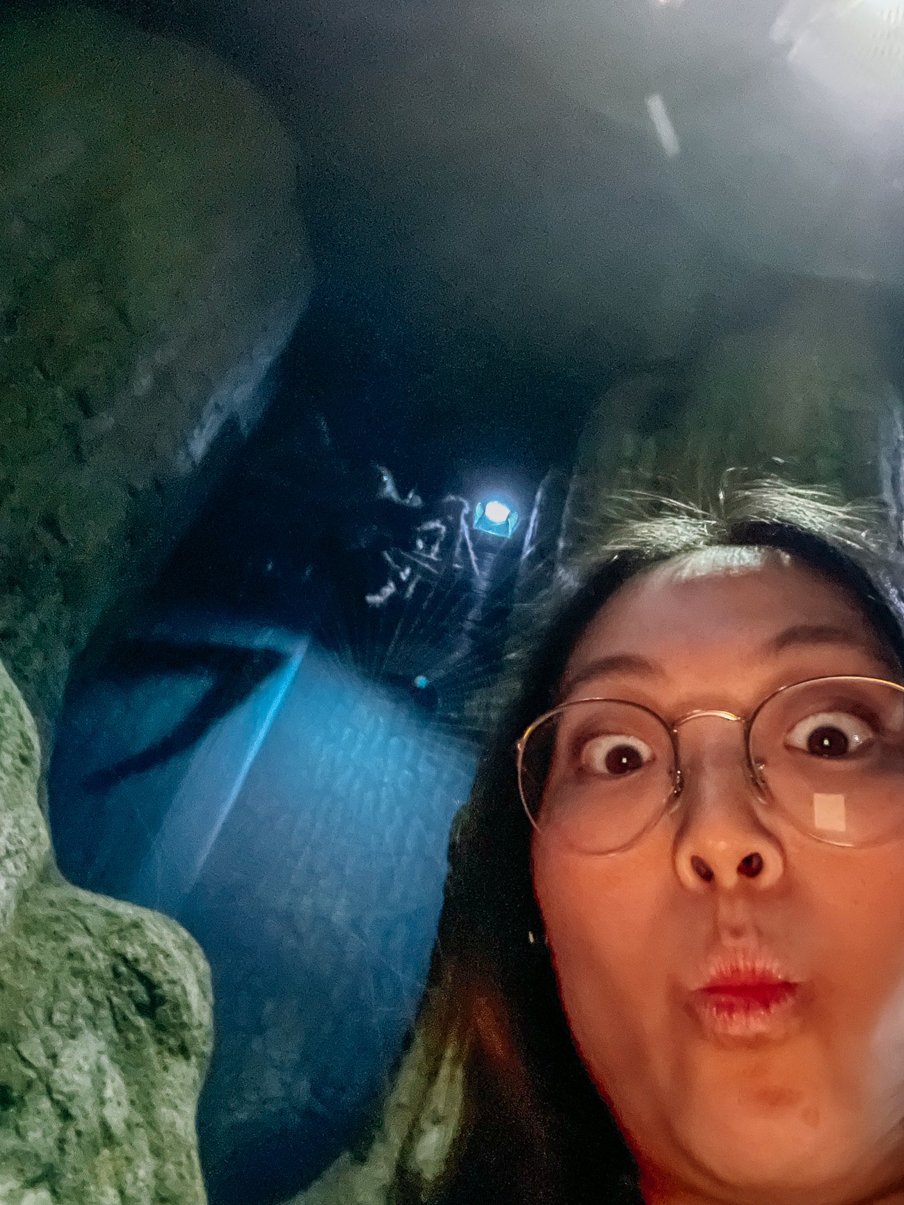 Kaitlin looking scared in the Forbidden Forest with Aragog above in the background at Harry Potter studio tour