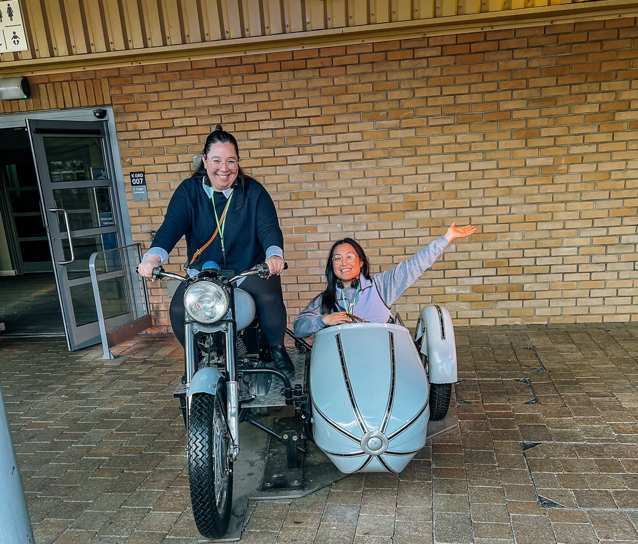 Kim and Kaitlin in Hagrid's motorcycle with sidecar