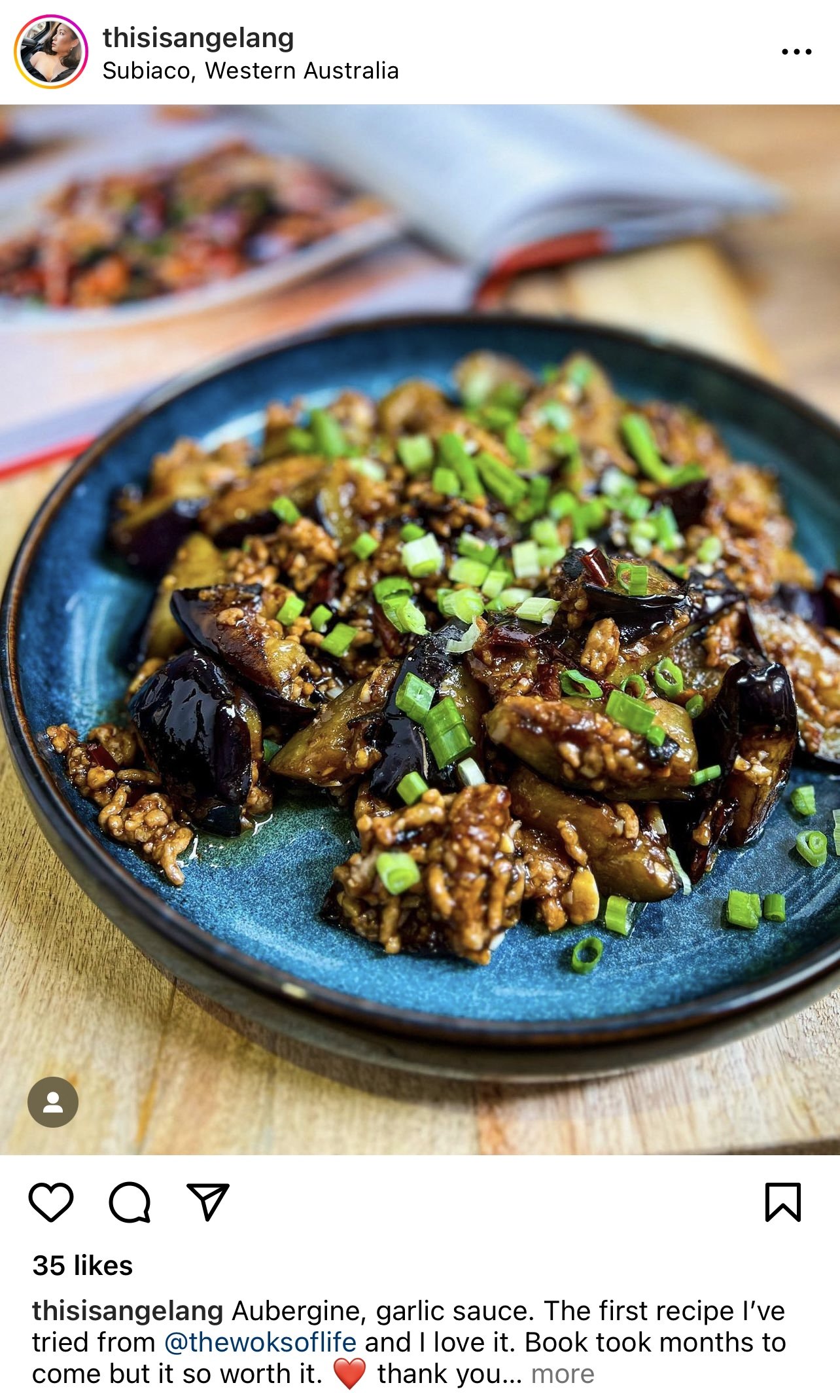 Instagram post of Eggplant with Garlic Sauce from The Woks of Life Cookbook