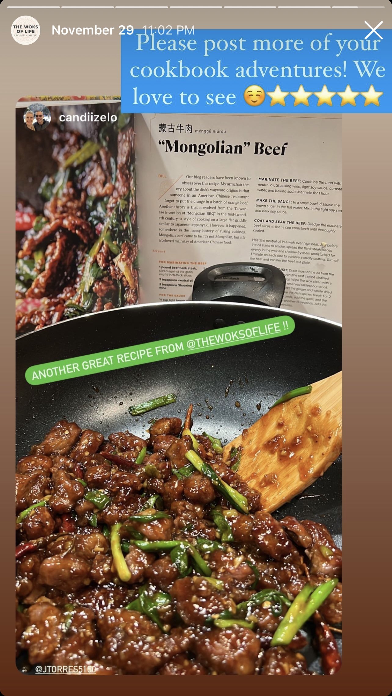 Instagram story of a reader making Mongolian Beef from cookbook