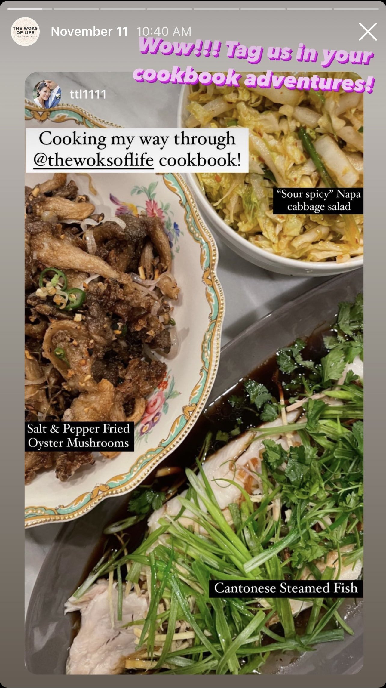 Instagram post of reader making three dishes from Woks of Life Cookbook