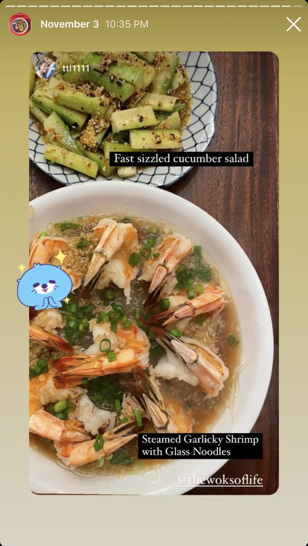 Cucumber Salad and Steamed Shrimp on Instagram