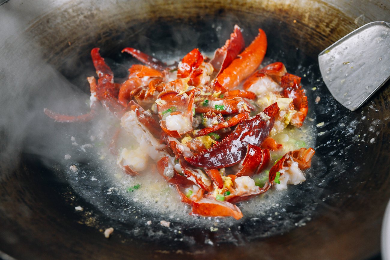 lobster cantonese with lobster sauce in wok