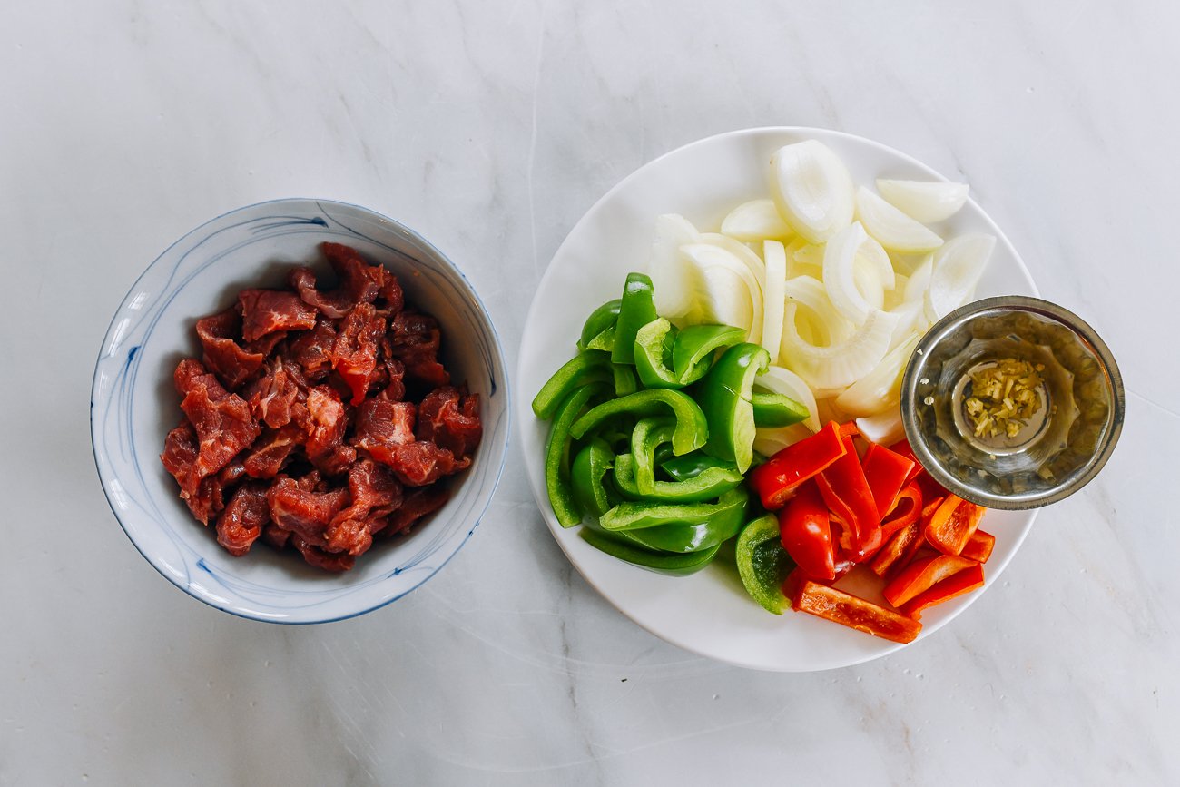 marinated beef and bell peppers and onions
