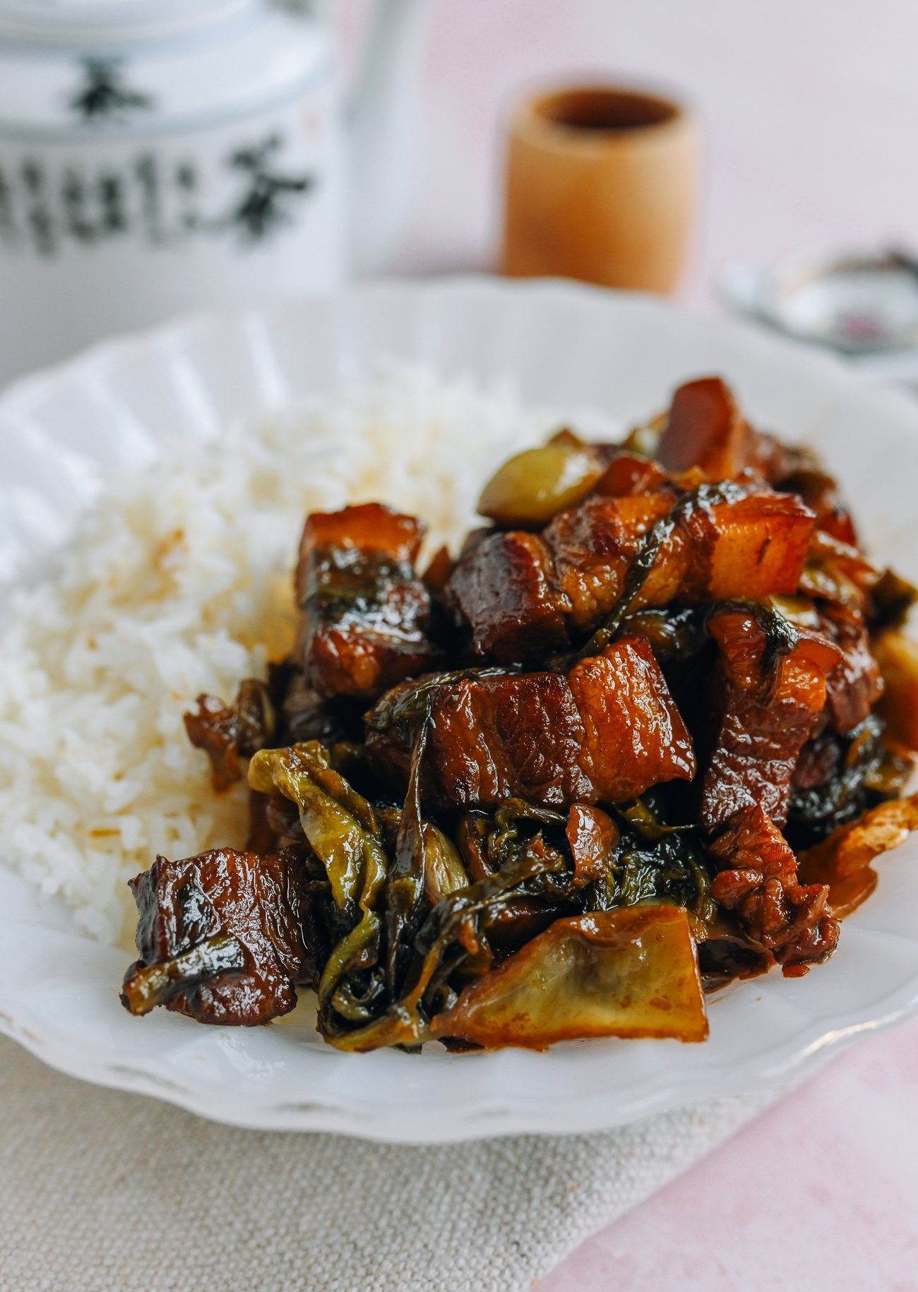 Pork Belly with Sour Pickled Mustard Greens over rice