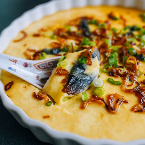 Three Color Steamed Egg with fried shallots and scallion