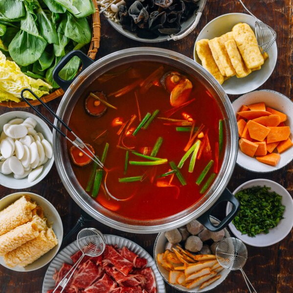 Hot Pot Meal with Tomato Soup Base in Center