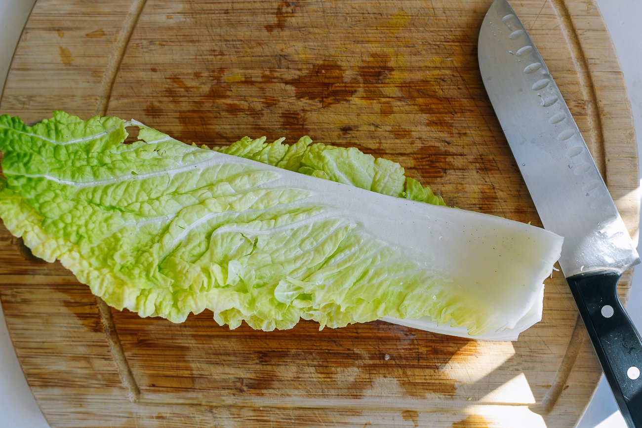 napa cabbage leaves sliced in half lengthwise
