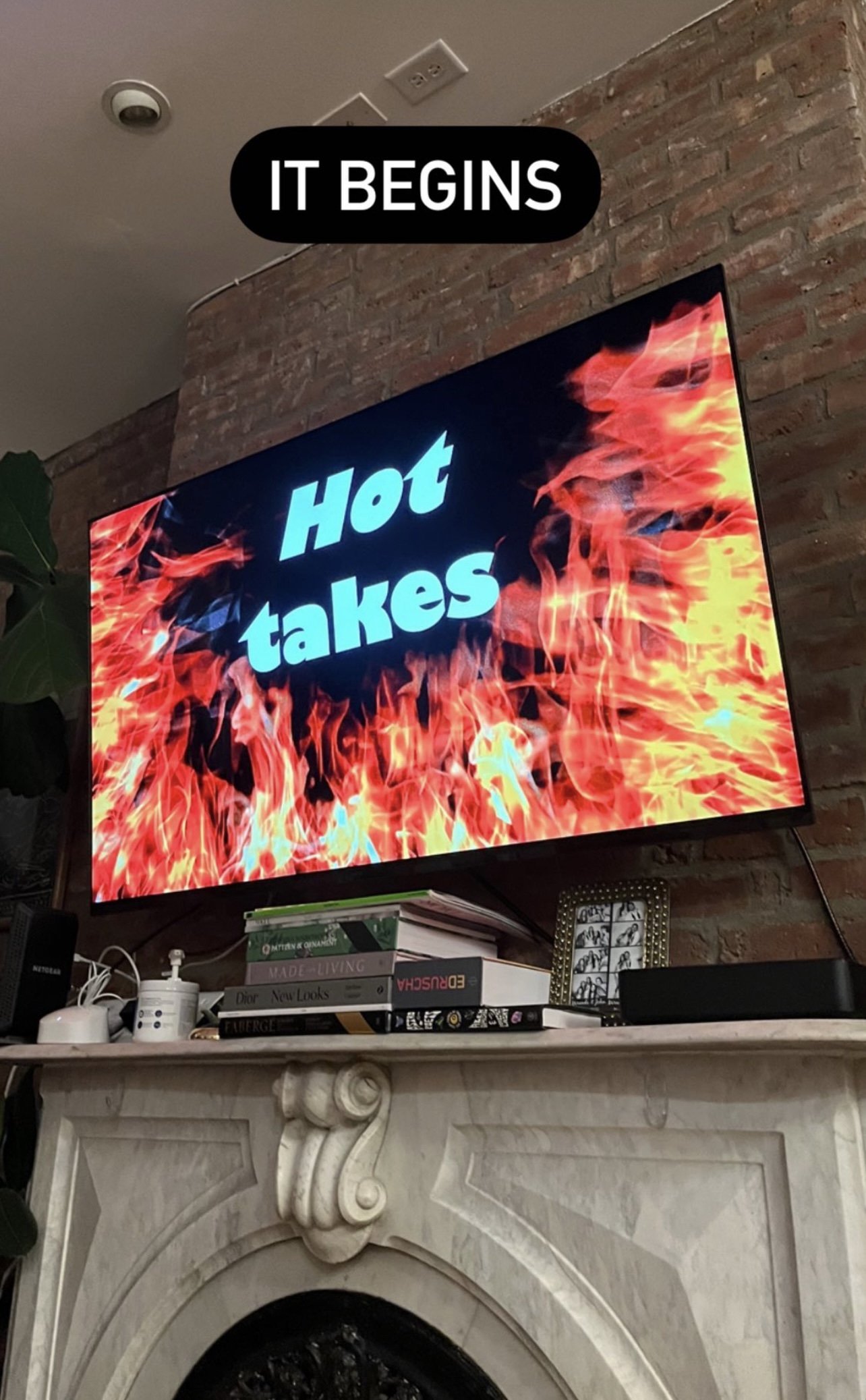 Hot takes in white text on a big screen surrounded by flames in PowerPoint