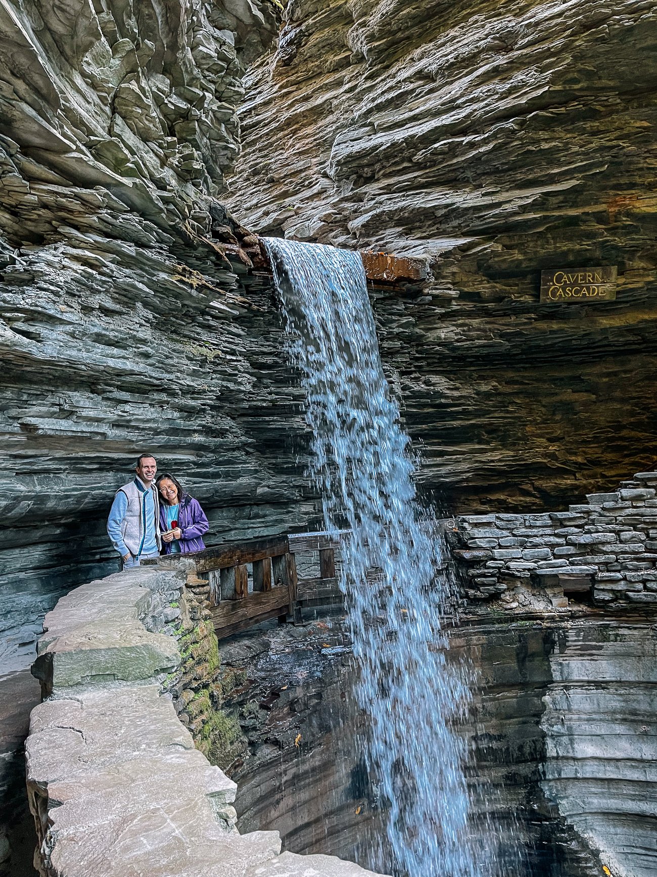 Justin and Judy with waterfall at watkins glen state park