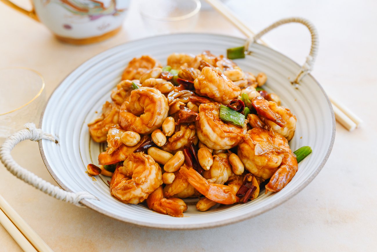 Kung Pao Shrimp in a white dish