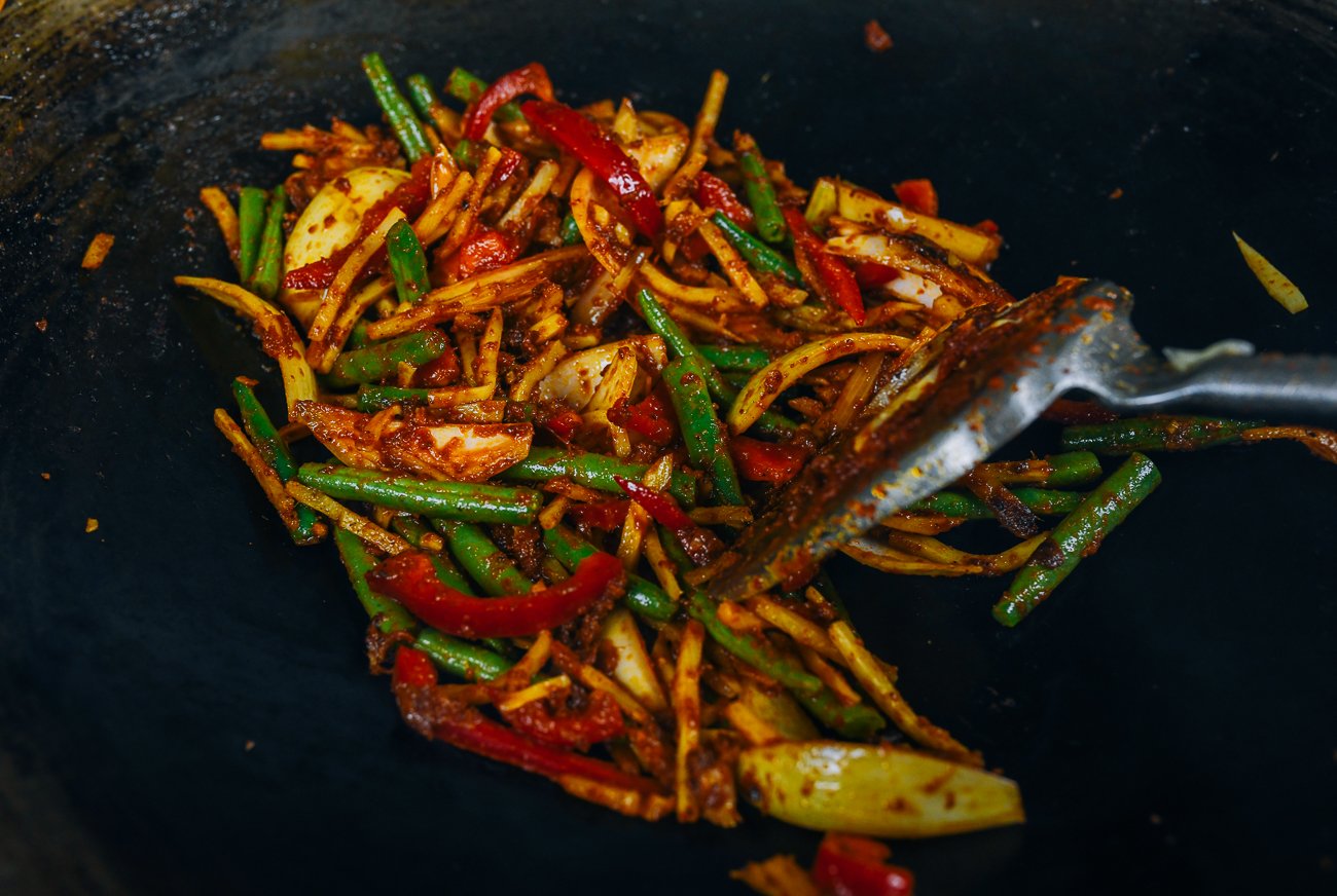 Peppers, Green Beans, Bamboo Shoots, and Onions in Thai red curry paste sauce