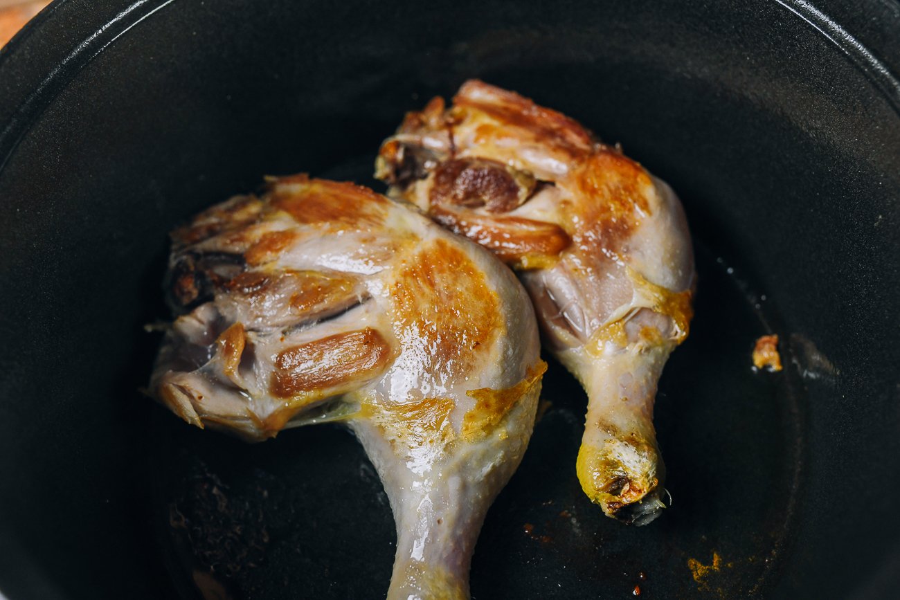 searing chicken leg quarters in Dutch oven