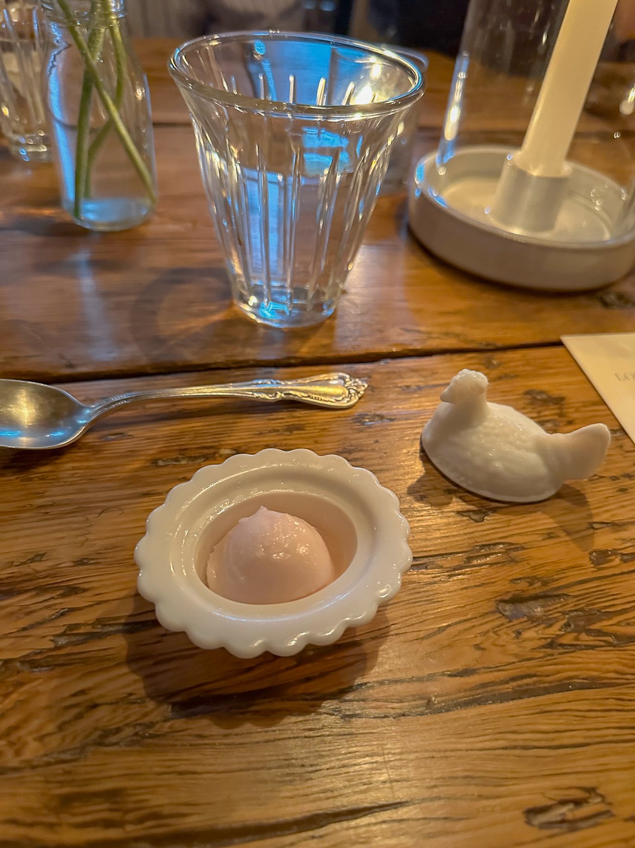 Sherbet in a tiny milk glass chicken at The Lost Kitchen