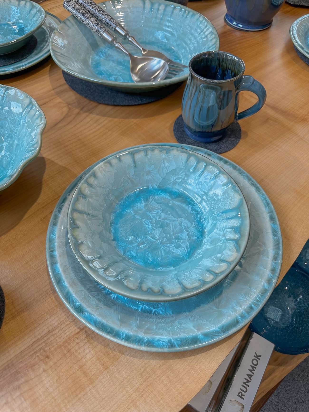 Aquamarine colored pottery at Edgecomb Potters