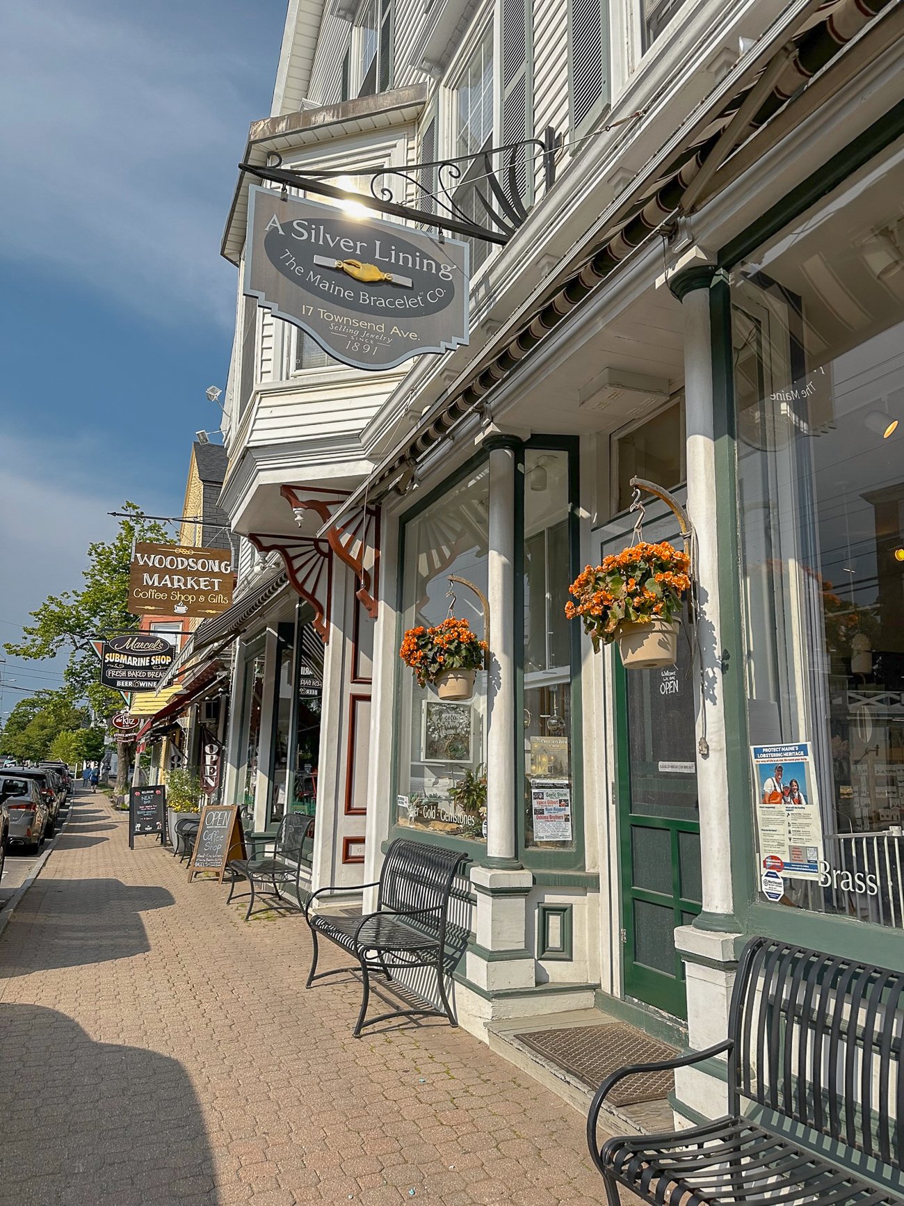 Shops along Commercial Street in Boothbay Harbor