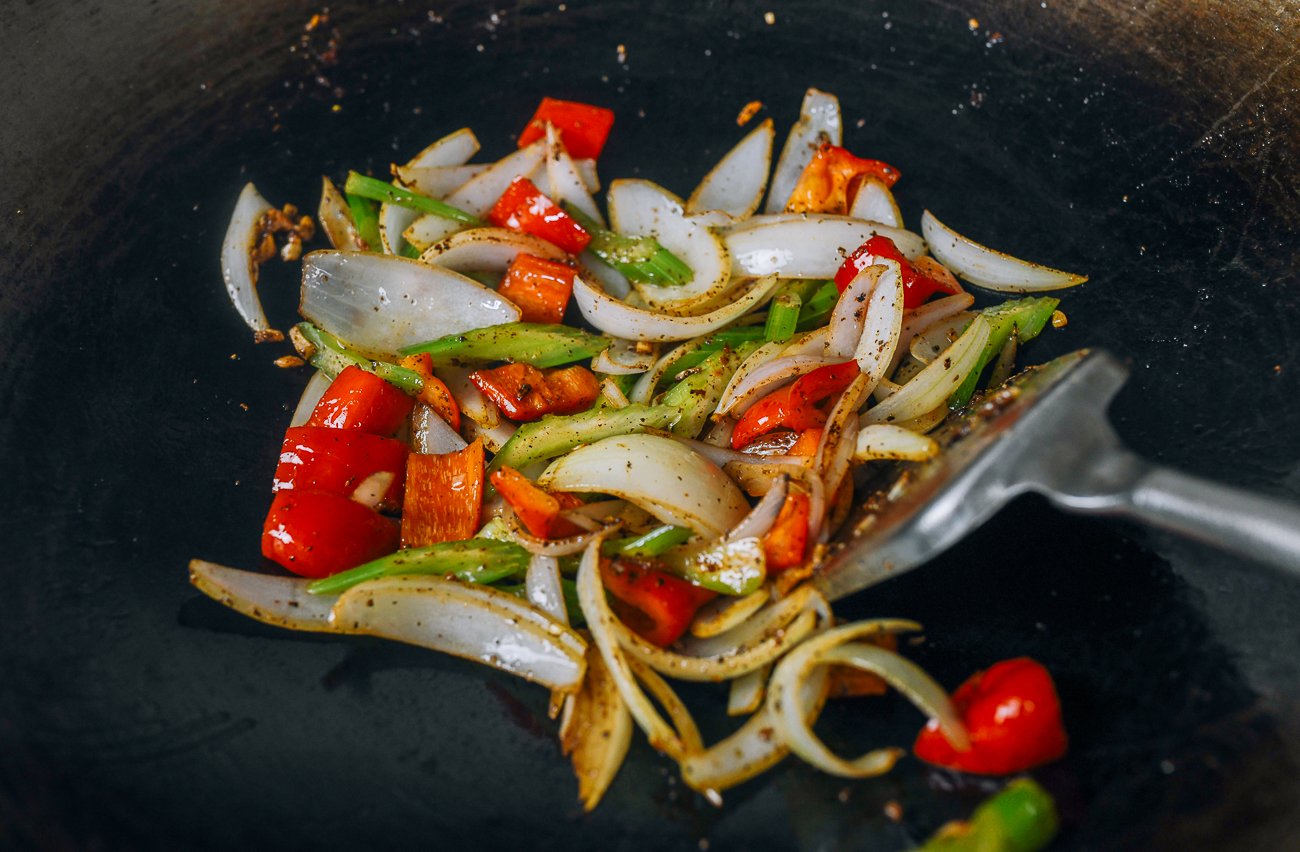 black pepper seasoned vegetables in wok