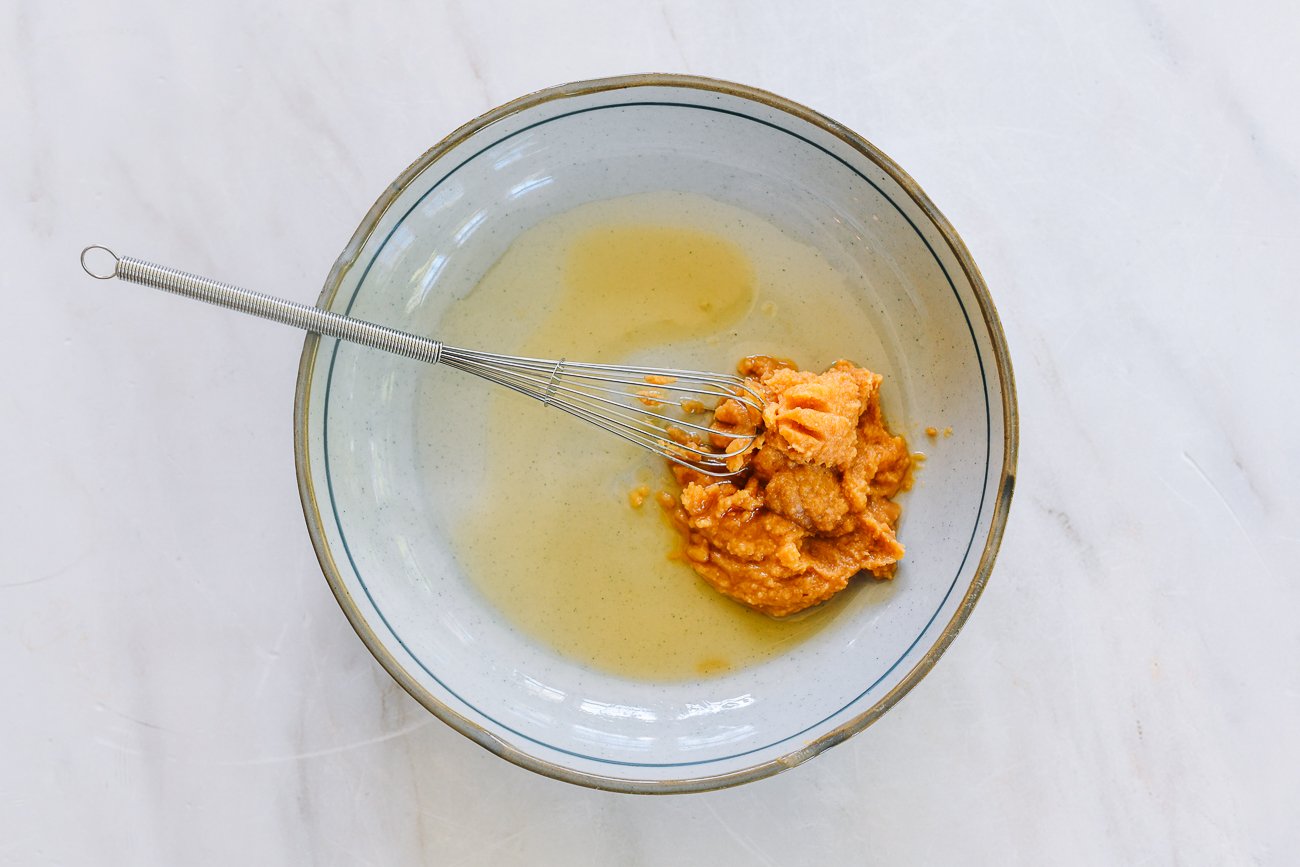 miso paste, mirin, and sesame oil in a dish