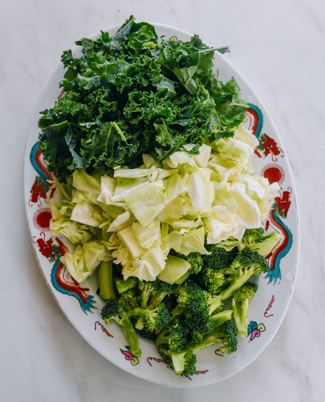 washed kale, cabbage, and broccoli